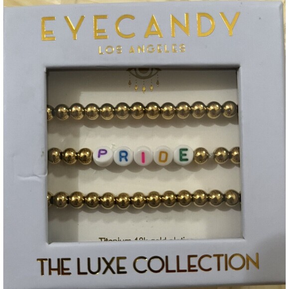 Eye Candy LA Luxe Bracelet Set Stackable 3 Piece 18k Gold Plate Bead PRIDE Retro - Picture 3 of 4